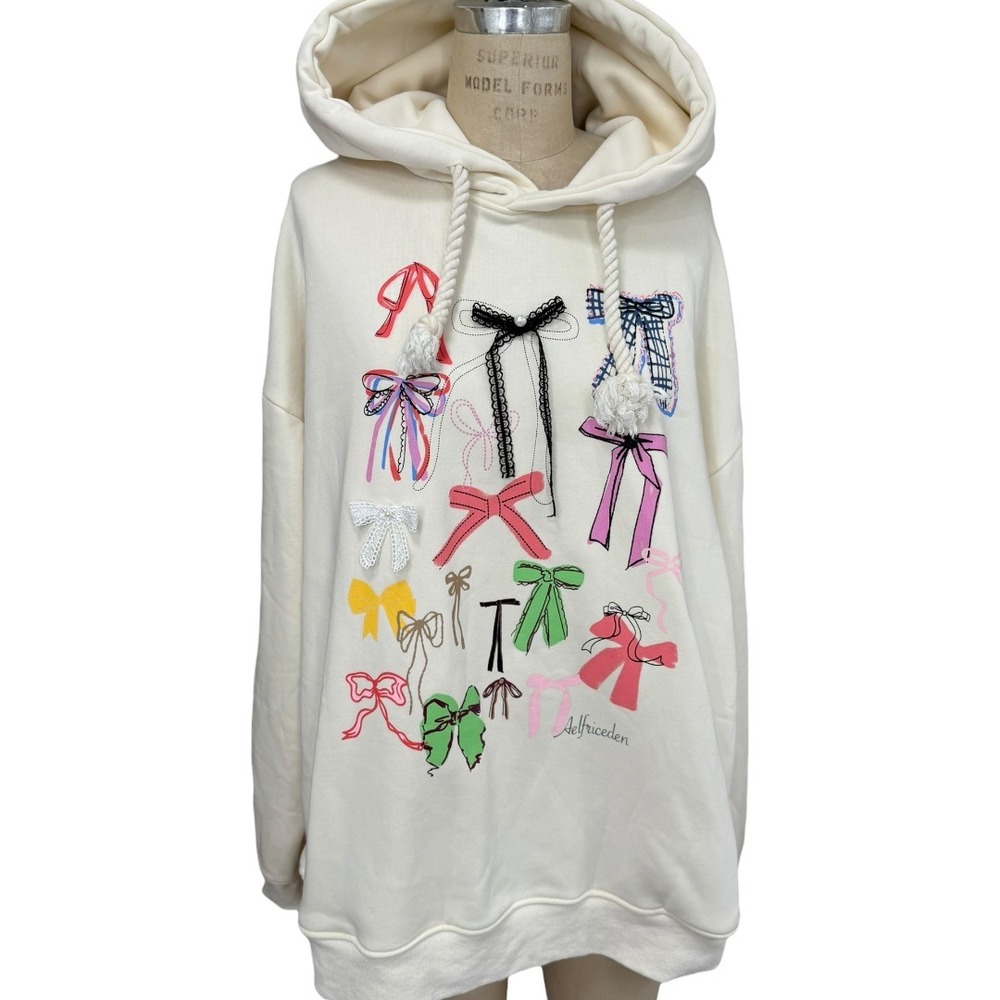 Aelfric Eden Hoodie Women XL Cream Multi Color Bow Graphic 3D Lace Pearl Print